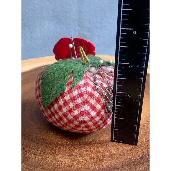 Vintage Gingham Tomato Pin Cushion with Safety Pins & Pins - Picture 12 of 14